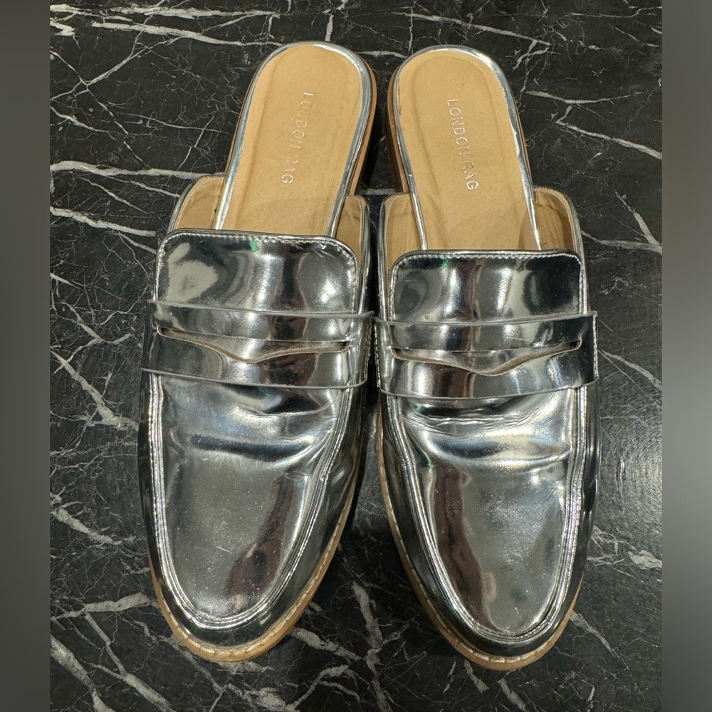 Cool silver slip on mules shoes
